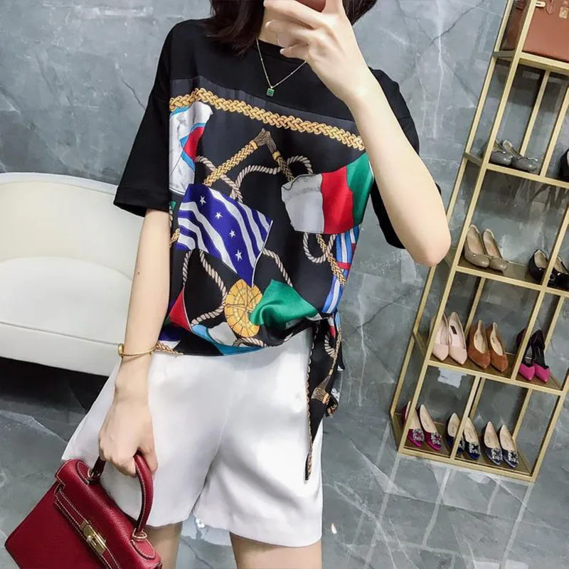 Design Casual Short Sleeve Blouses Korean Top News 2023 Korean Fashion Lacing Temperament Streetwear Printing Women\'s Clothing