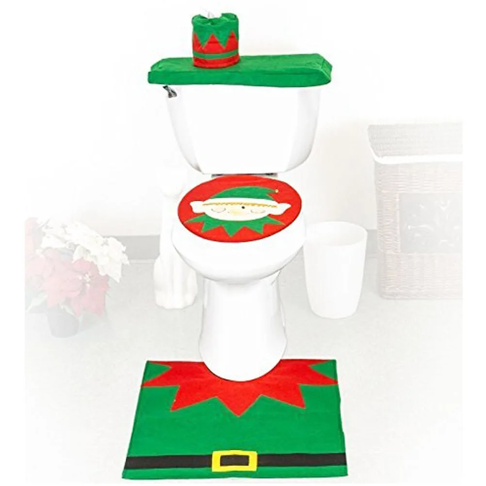 

Festive Christmas Toilet Cover Set with Elastic Edges Multicolor Design for Bathroom Holiday Decor Xmas Spirit