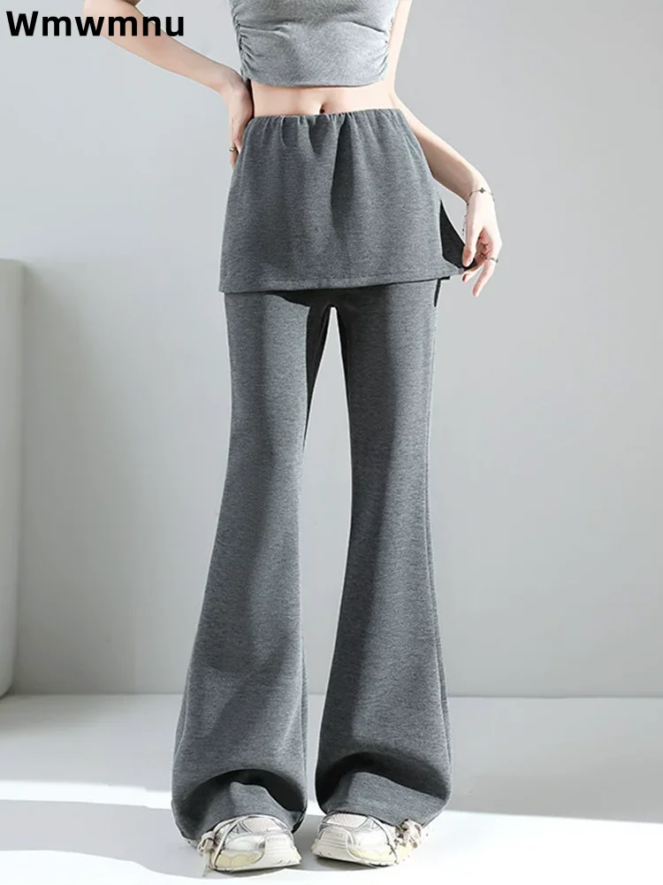 Thin Patchwork Fake Two-piece Bootcut Pants Slim Fit Women's Casual Wide Leg Pantalones Fashion Elastic Korean Sports Trousers