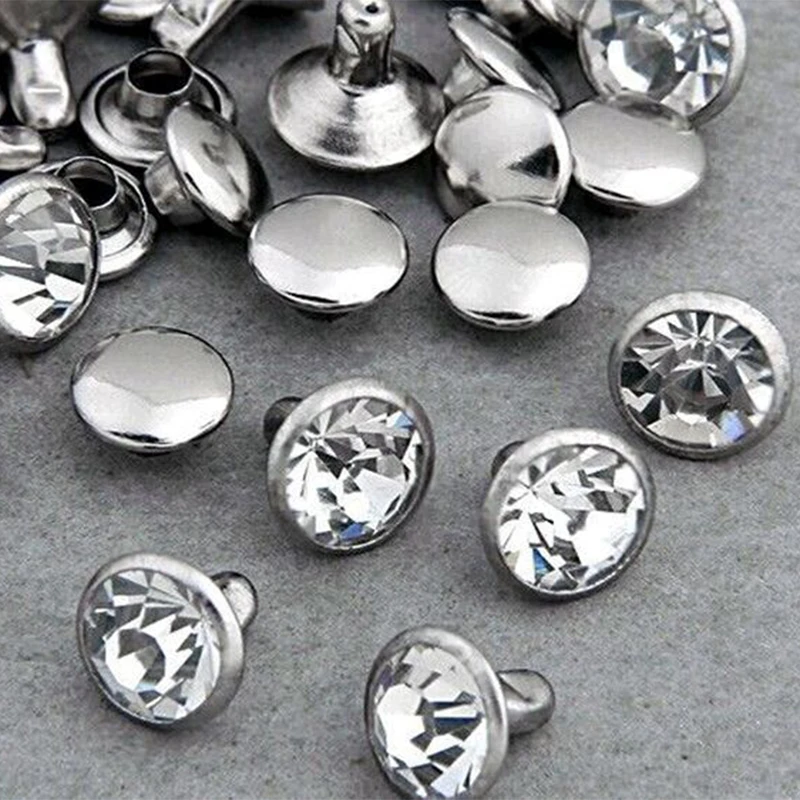 100Sets 6mm&8mm Clear Crystal Rhinestone Rivets Silver Metal Base Studs Decoration Findings For Clothing Bag Leathercraft