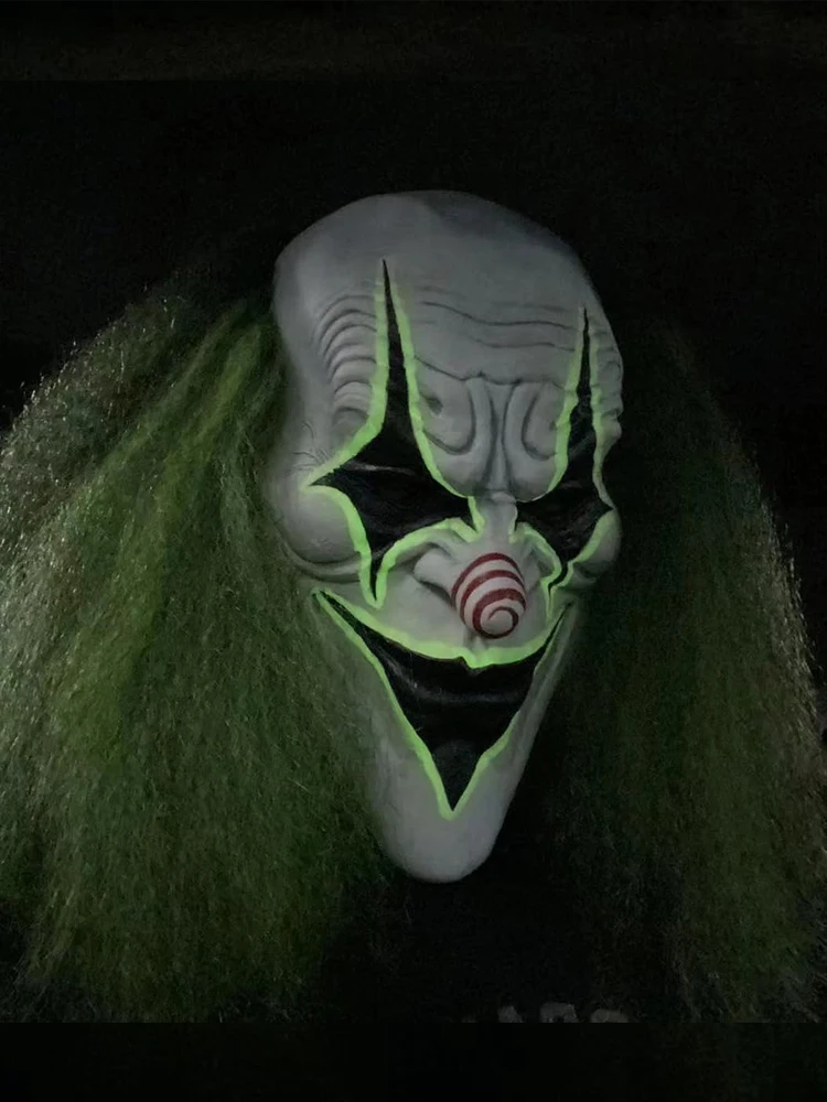 Maschera raccapricciante da clown spaventoso di Halloween con capelli verdi e naso rosso - Maschera jack con copricapo in lattice per feste horror ed eventi in costume