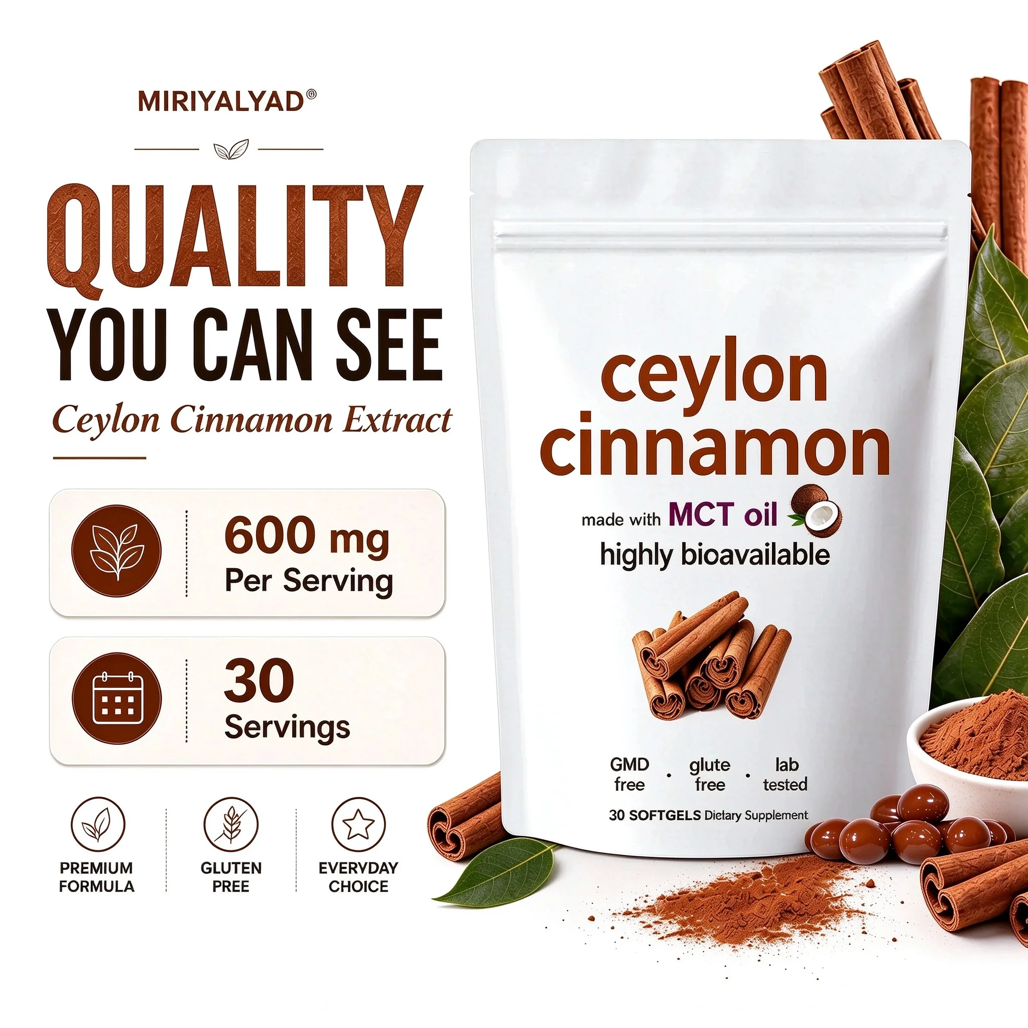 Ceylon Cinnamon Softgels Herbal Support Blood Sugar Control Coconut Oil Extract Non-GMO Dietary Supplement Vegetarian 30 Counts