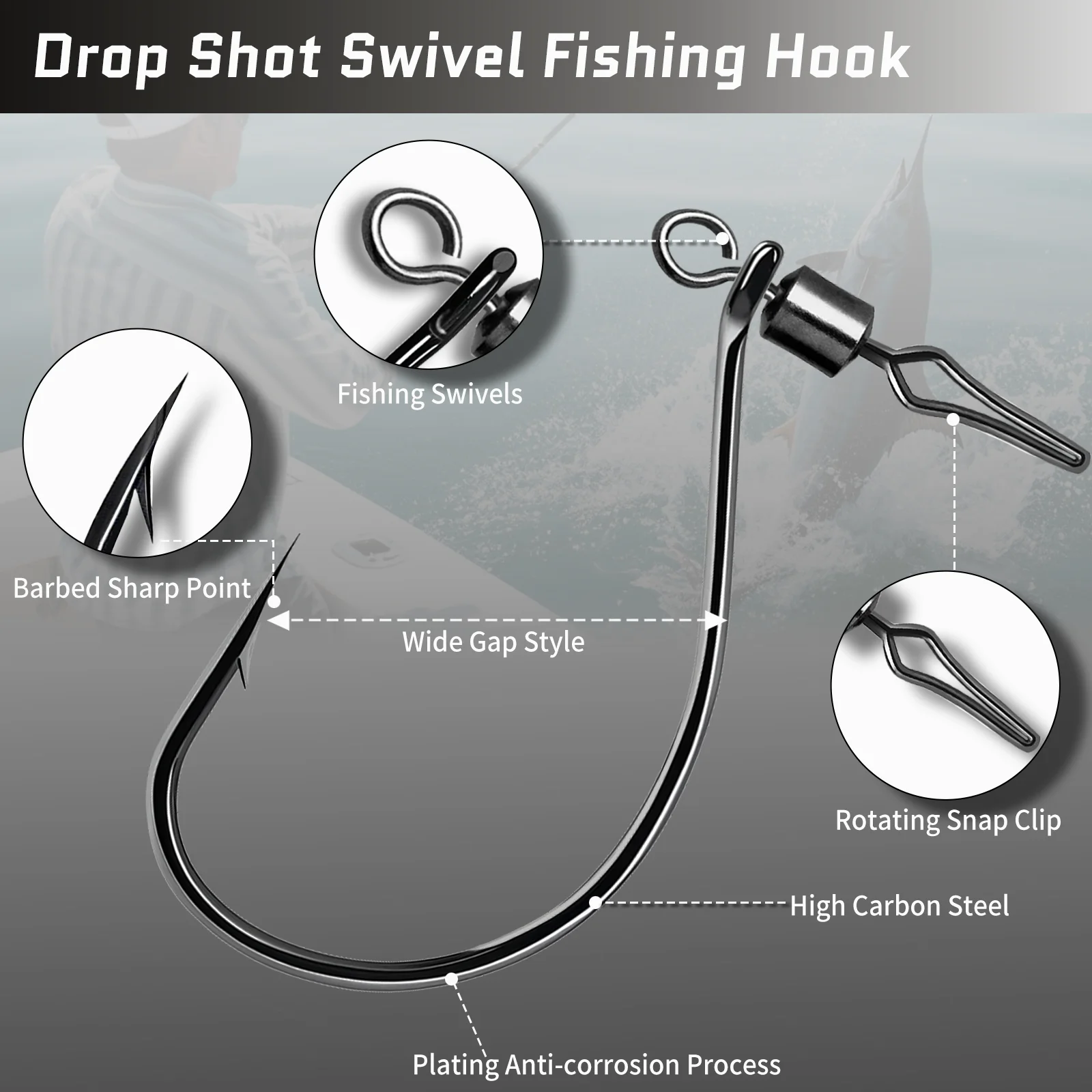 FishTrip Drop Shot Haken mit Barrel Wirbel Snap 30 Stück Angelhaken Wirbel In-line DropShot Rig Soft Lure Wurmhaken für Karpfenbarsch – Detail 3