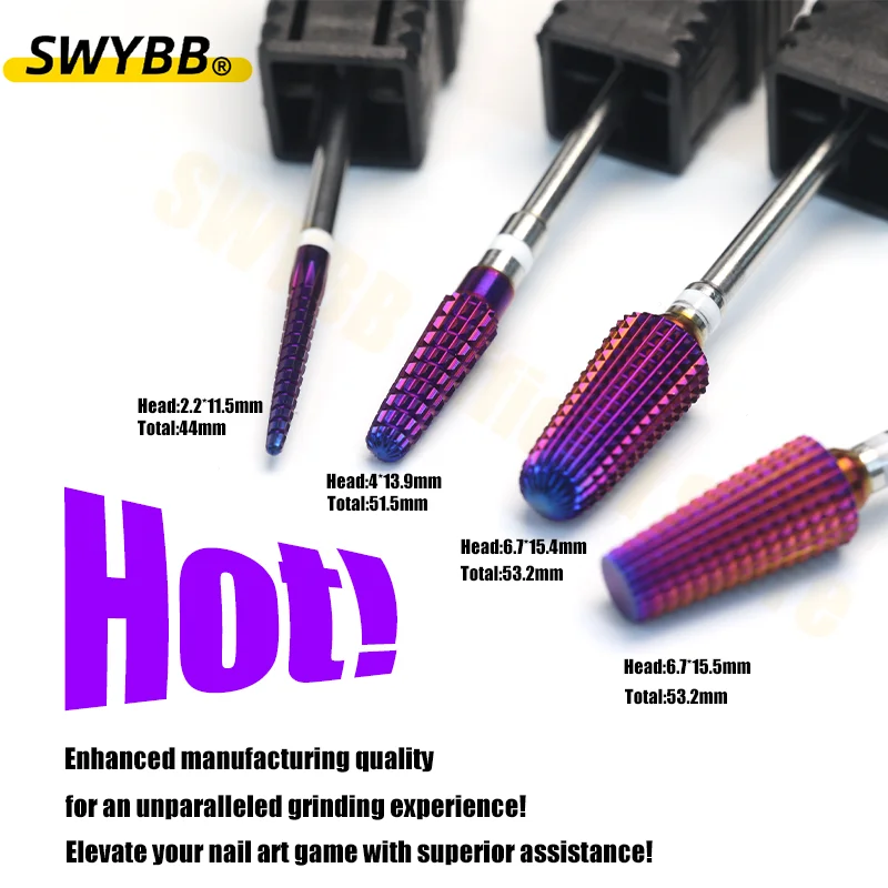 SWYBB Rotary Files Purple Pro Tungsten Carbide Cone Nail Drill Bits 2.35mm 3/32