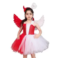 Angel Devil Cosplay Costume Red White Tween Halloween Dress Costume Angel And Devil Costume Accessory With Tulle Wing Headband