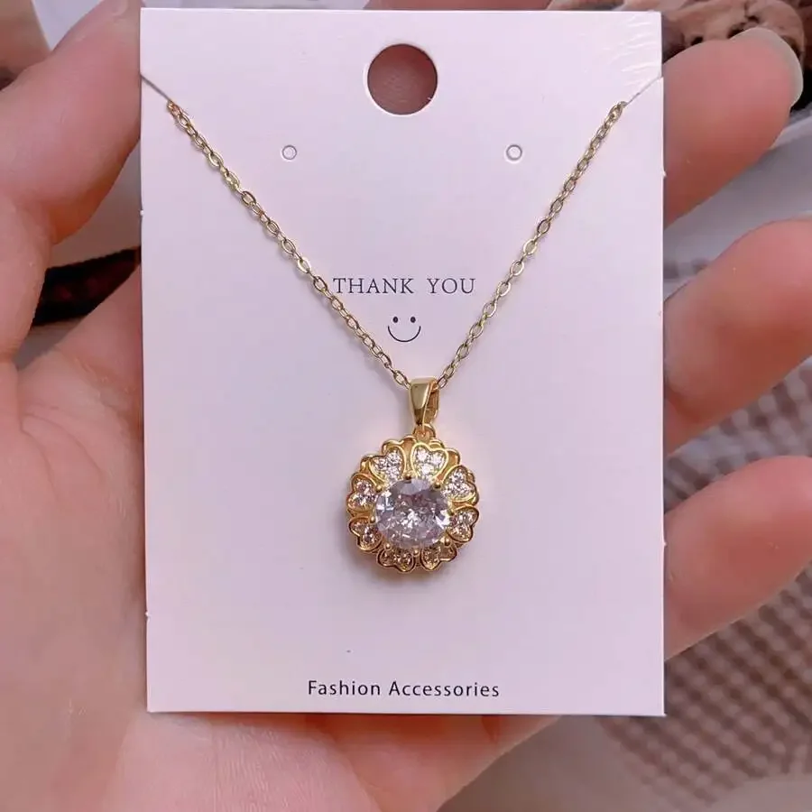 

Stainless Steel Clavicle Chain Pendant Necklace With Crystal Flower Design For Women