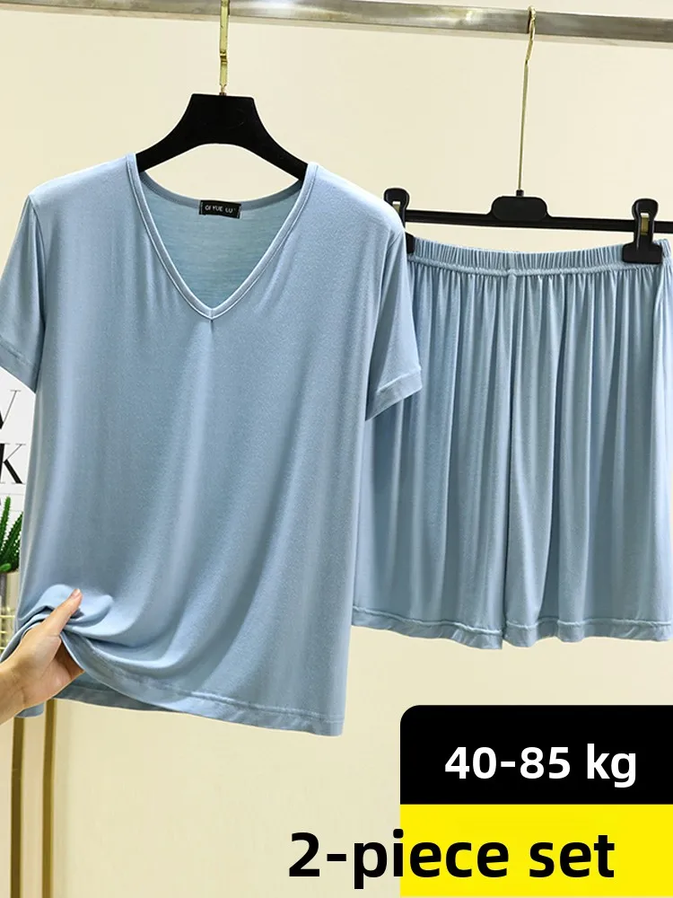 

Modal V-Ne ort Sve Spwear Set Summer Thin Pure Color Casual Large Size Top orts Two-Piece Set Comfortable Home Cl...