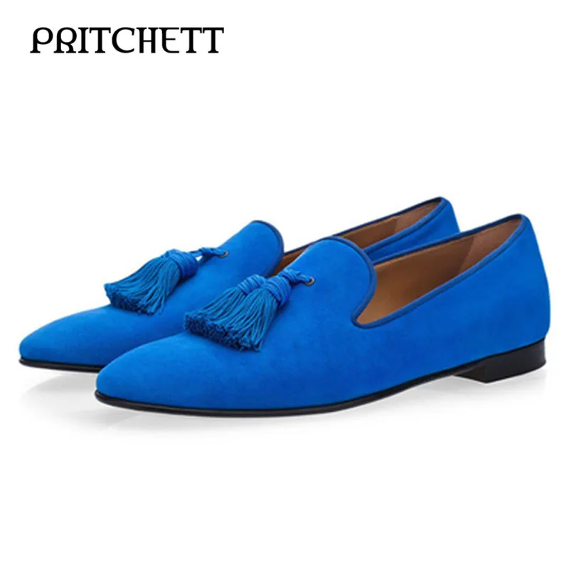 

Blue Tassel Suede Loafers Round Toe Square Root Shallow Mouth Slip On Soft Fashionable Comfortable Casual Men's Shoes