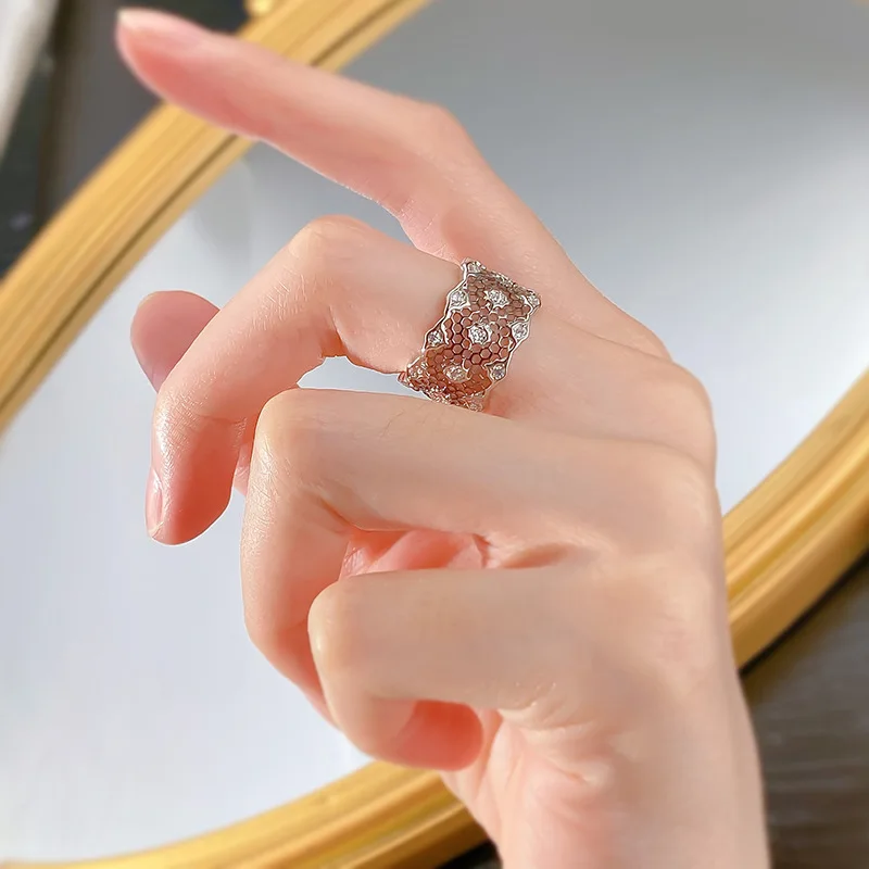 2023 New Black Lace Ring S925 Silver Hollow Mesh Index Finger Ring Women's European and American Style Wide Edition