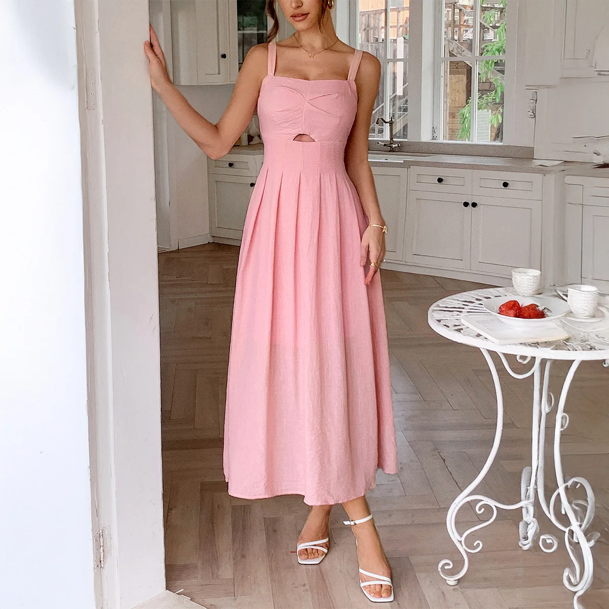 

Camisole Dresses Women Solid Folds Hollow Long Dress High Waist Sleeveless Casual Pleated Vestidos Elegant Y2k Summer 2025