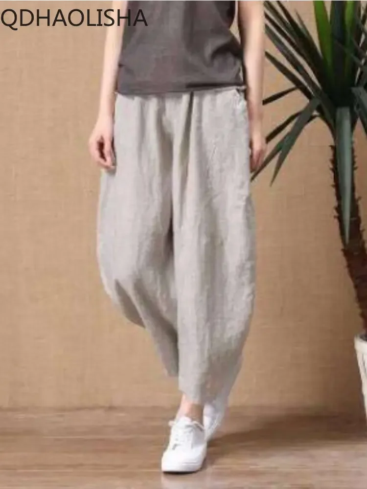 

Korean Version of Summer Loose Cotton Linen Elastic Waist Wide Leg Pants for Women Streetwear Women Pants Cargo Pants Women