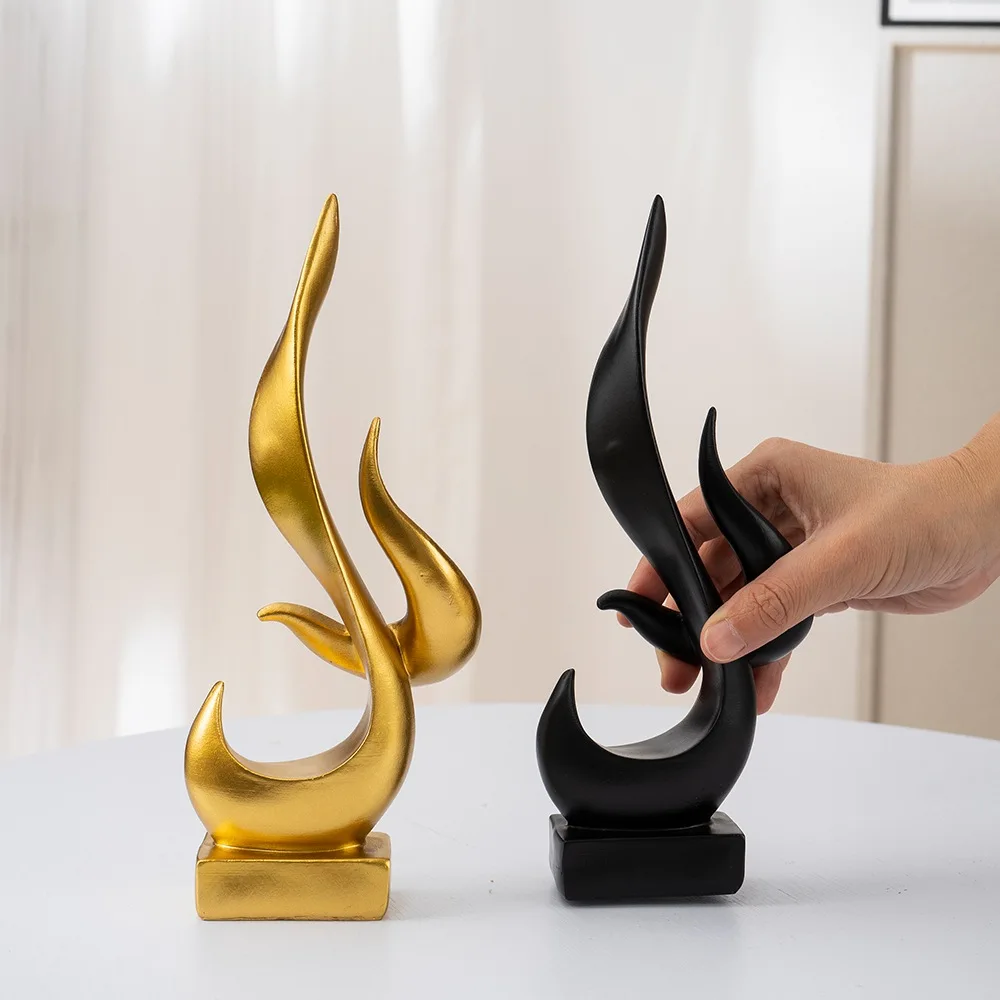 23cm Abstract Fire Sculpture Gold Flame Statues Resin Black White Ornament Modern Pop Art Dinning Table Shelf Decoration