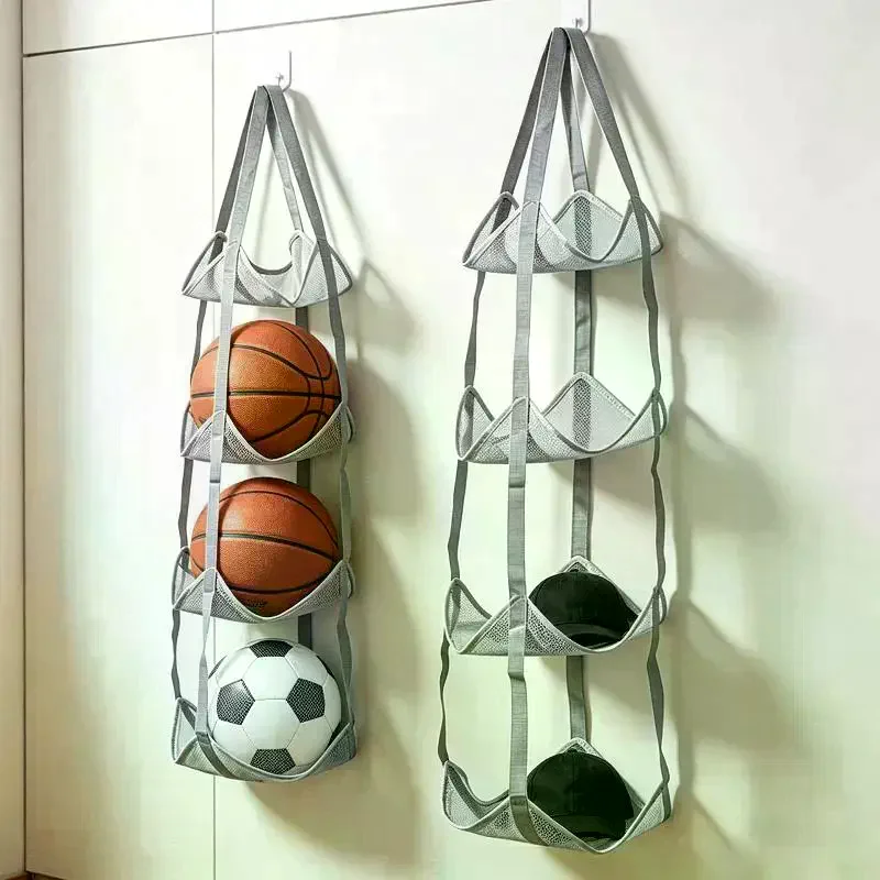 Tiers Hanging Sports Ball Storage Organizer Mesh Basket For Basketball Volleyball Football Helmet Door Wall Mount Holder 3/4