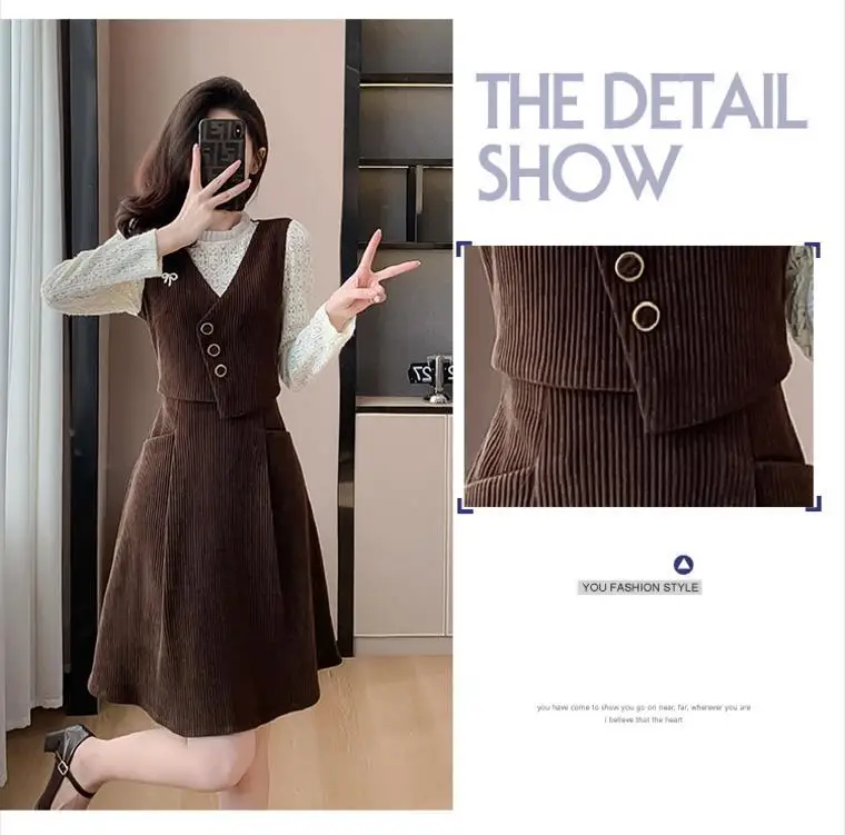 Two Slim Fitting Fake Dresses Cinched Waist to Show Off Slender Figurea Youthful Temperament Beautiful Corduroy Skirt