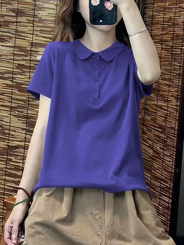 Loose Fit Short Sleeve  T-Shirt Women's Summer Breathable Cotton Casual Shirt Button Print Commute Style Universal Size