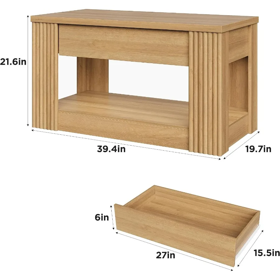 Fluted Coffee Table with Storage Drawer, Wood Grain Rectangular Center Table, Multi-Functional Sofa Coffee Table with Open Bott