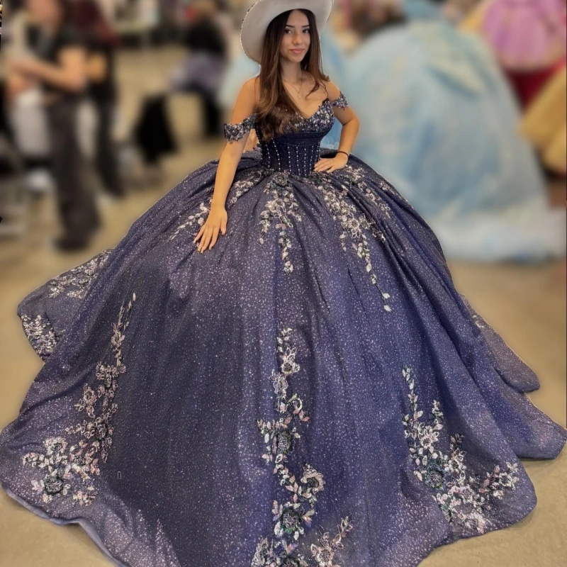 

Navy Blue Shiny Quinceanera Dresses Off The Shoulder Sequin Applique Lace Beading Crystal Tull Party Birthday Sweet 16 Dress