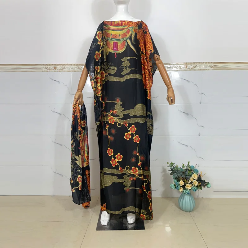 2023 New African dresses for woman Party Lace Embroidered silk kaftan Pressed Diamond Pattern Long Dress With Scarf For Lady