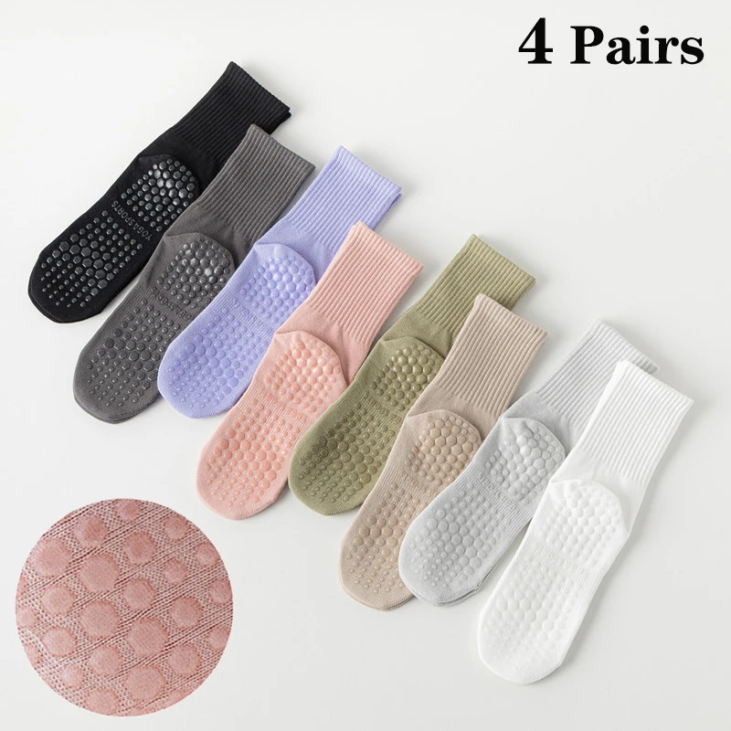

4 Pairs Yoga Socks for Women Simple Solid Color Cotton Pilates Socks Mid Calf Silicone Non-Slip Fitness Gym Indoor Floor Socks