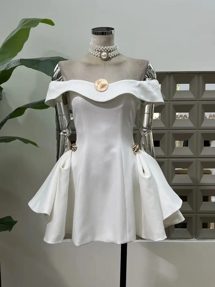

French Pure Sexy Shoulder Short Dress Women's Dresses Summer New Arrivals Elegant Chic Slim Fit Waist Defining A-Line Party Gown