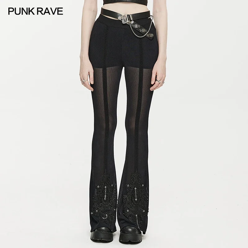 PUNK RAVE Women's Gothic Perspective Mesh Flare Pants Personalized Velvet Waistband Daily  Trousers Spring & Summer