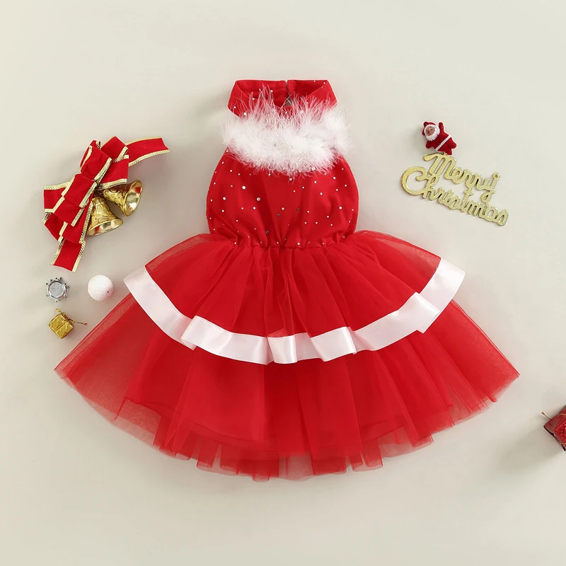 Kids Girls Christmas Dress Sleeveless Halterneck Sequined Tulle Princess Xmas Dress Costume