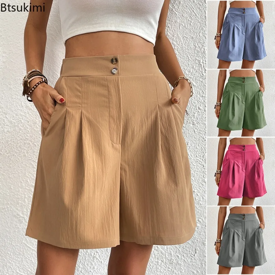 Summer New Women's High Waist Solid Loose Short Pants Elegant Ladies Pocket Wide Leg Shorts 2024 Females Multicolor Casual Pants