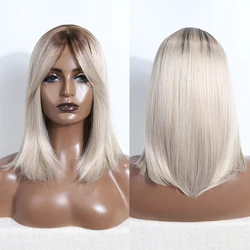 Medium Length Blonde White Ombre Straight Synthetic Hair With Bangs Short Bob Cosplay Wig for Women Daily Party Heat Resistant