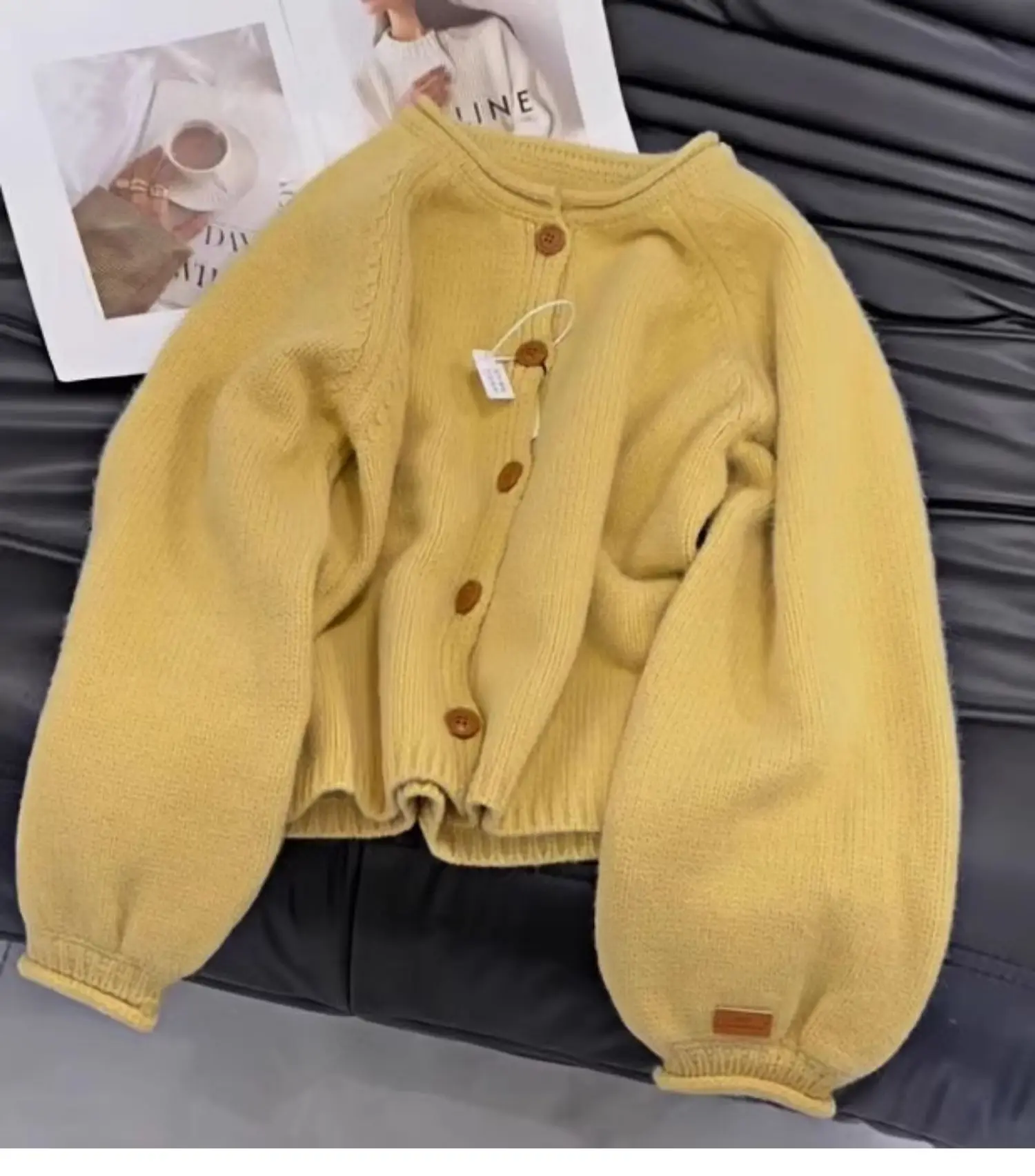 Elegant Yellow Knitted Sweater Cardigan Soft Loose Single Breasted Jacket Women's Autumn Winter Long Sleeve Round Neck Top