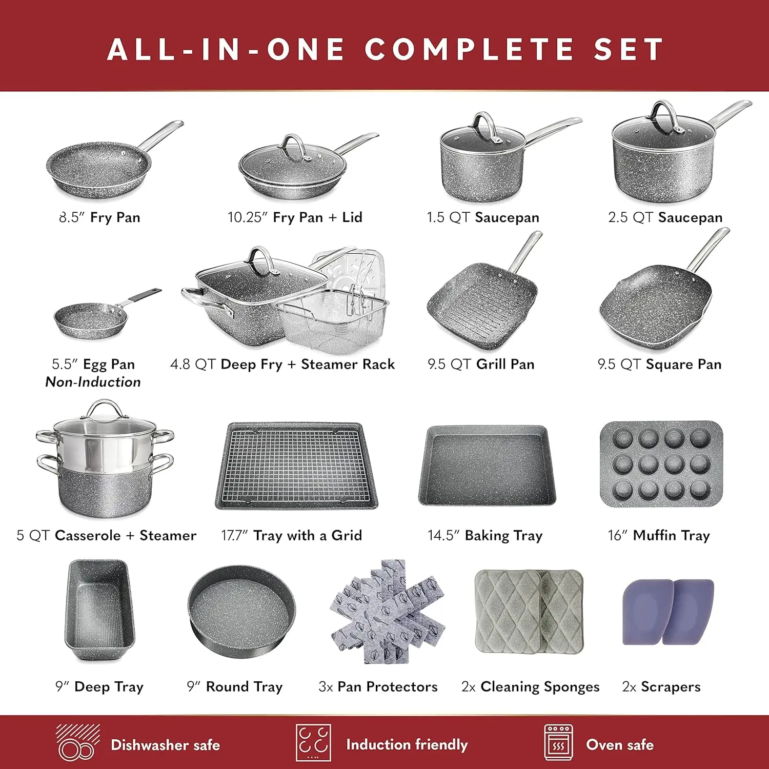 23 Pcs Pots and Pans Set Non Stick Induction Compatible Kitchen Cookware Sets + Bakeware Sets Non Stick Oven Safe Pot