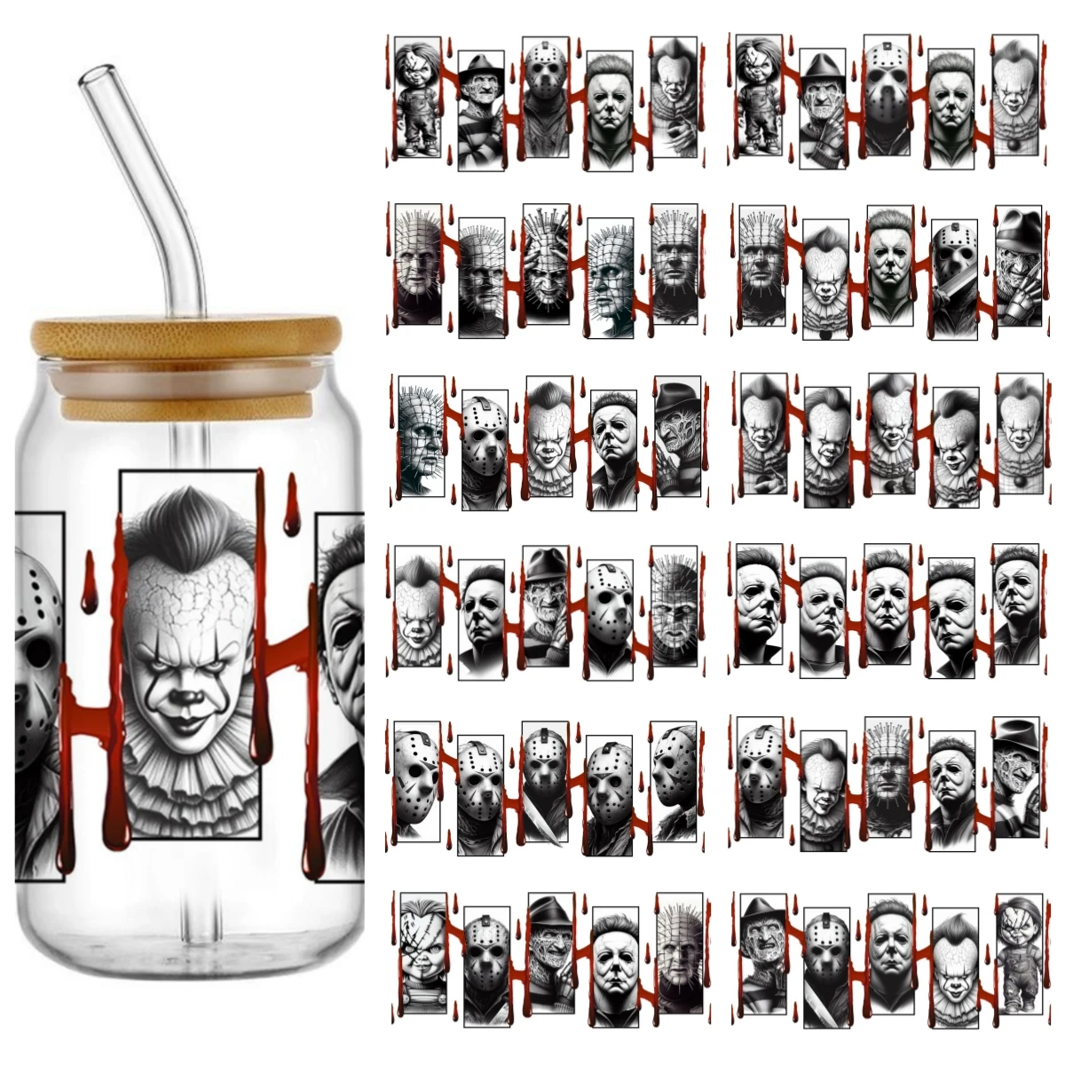 Miniso horror movie character series halloween For The 16oz Libbey Glasses Wraps Bottles Cup Sticker DIY Waterproof