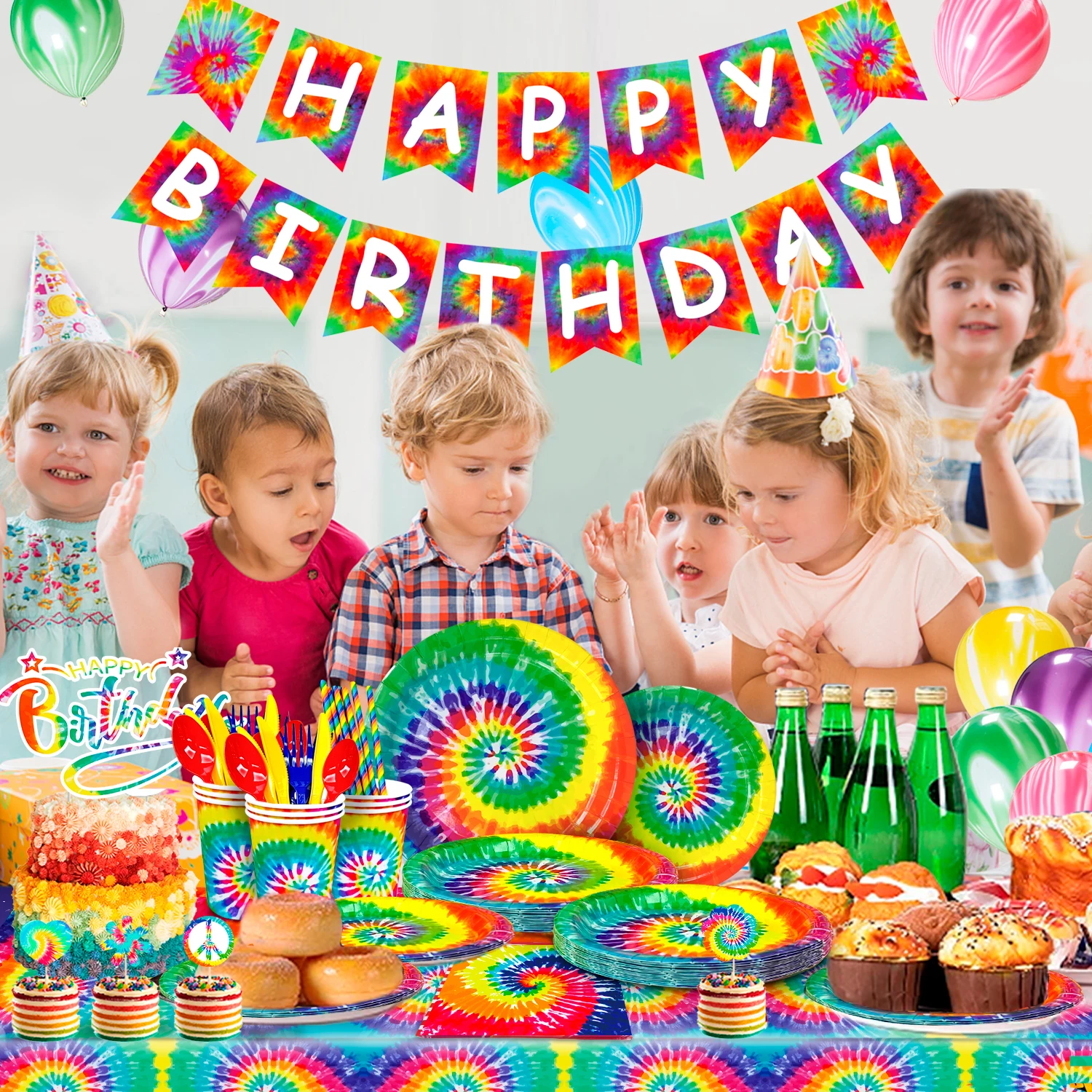 Tie Dye Birthday Party Supplies,175pcs Party Tableware Set-Tie Dye Party Plates Cups Napkins Tablecloth Banner Balloon Swirl etc