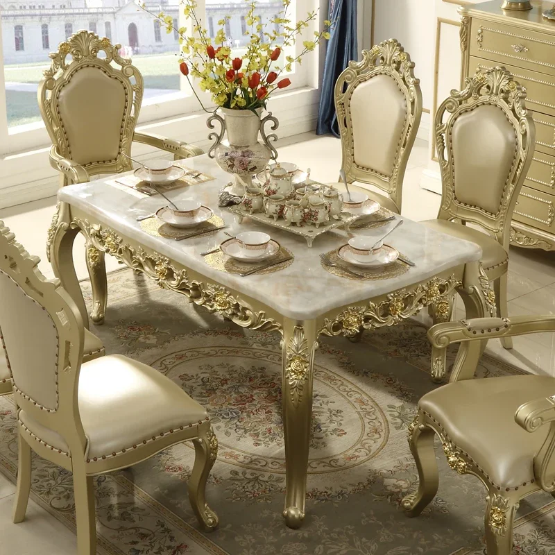 European-style dining table chair combination rectangular marble small family villa luxury solid wood 4 people 6 pe