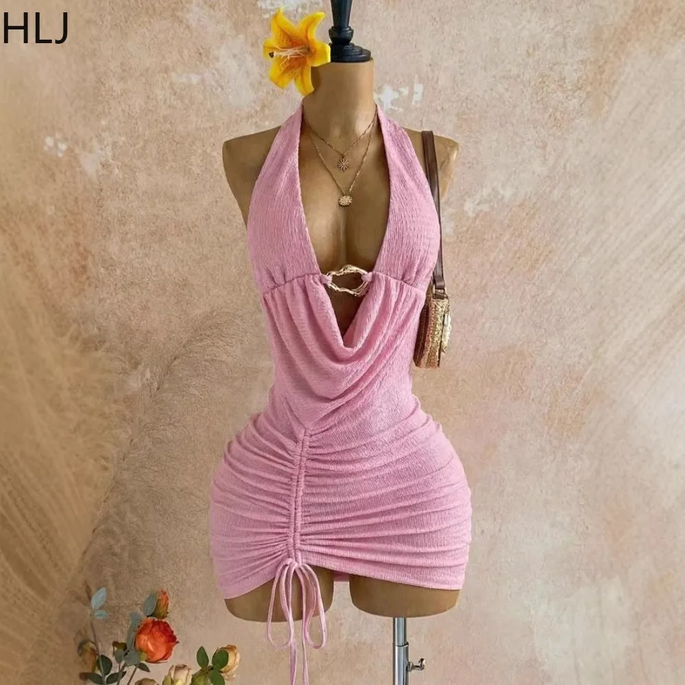 HLJ Sexy Solid Color Metal Buckle Bodycon Dresses Woman Drawstring Patchwork Halter Backless Dress Female Streetwear Vestidos