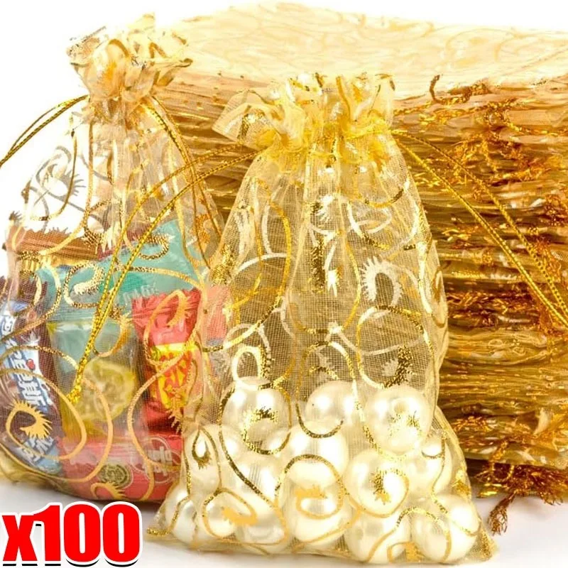 100/10 個ゴールドカラーオーガンザギフトバッグジュエリーギフトポーチウェディングパーティーキャンディーバッグジュエリー包装卸売