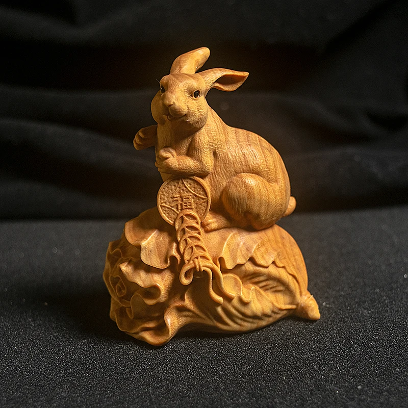 

Boxwood carving cute zodiac rabbit statue craft gift desktop ornament mascot