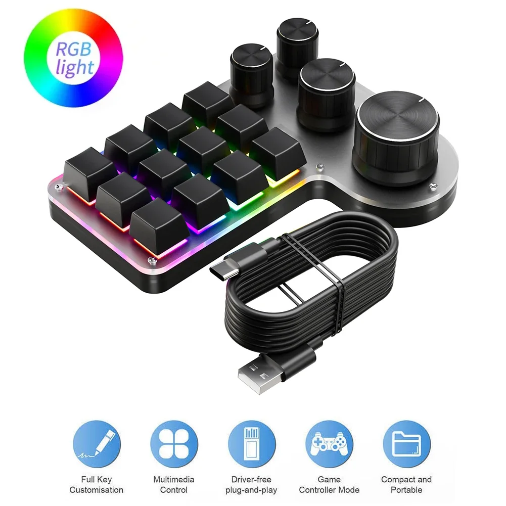 

12 Keys 4 Knobs Programming Macro Keyboard RGB USB Wired/Bluetooth-Compatible Photoshop Gaming Keypad Hot-swap Red Switch