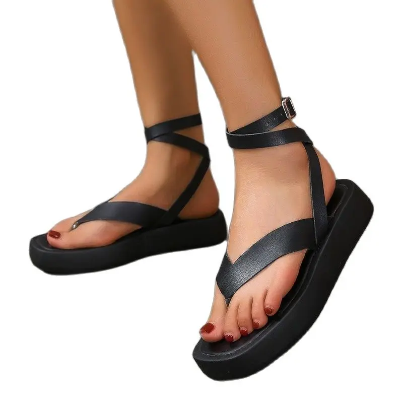 Women\'s Casual Sandals Summer Fashion Thong Beach Shoes Platform Wedge Ladies Black Ankle Buckle Lightweight Comfortable Sandals