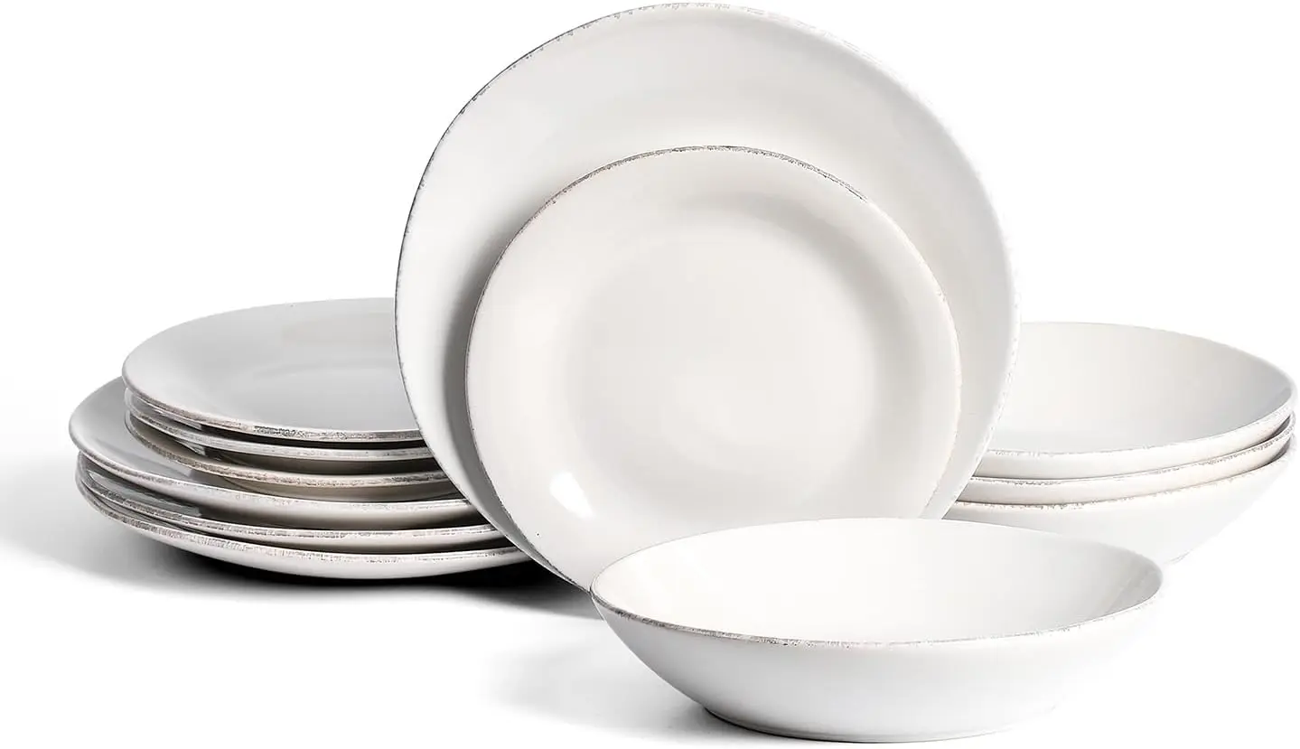 

Essence 12-Piece Dinnerware Set Stoneware, Plates and Bowls Set, Dishwasher and Microwave Safe, Dish Set for 4, White