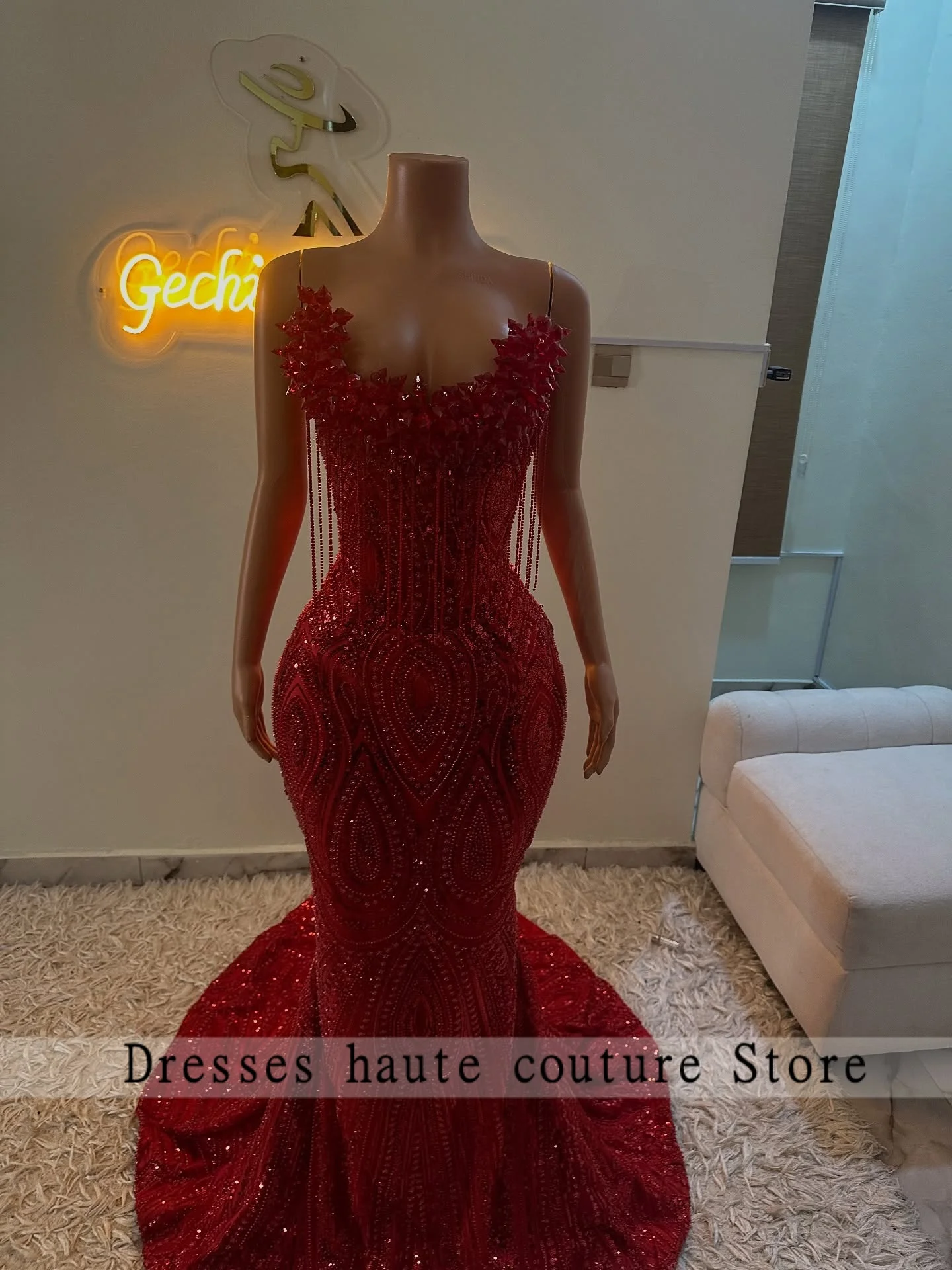 Vestido de fiesta de diamantes de cristal con lentejuelas y cuentas rojas, vestido Formal de sirena con borlas para fiesta de cumpleaños para niña negra, personalizado, 2026