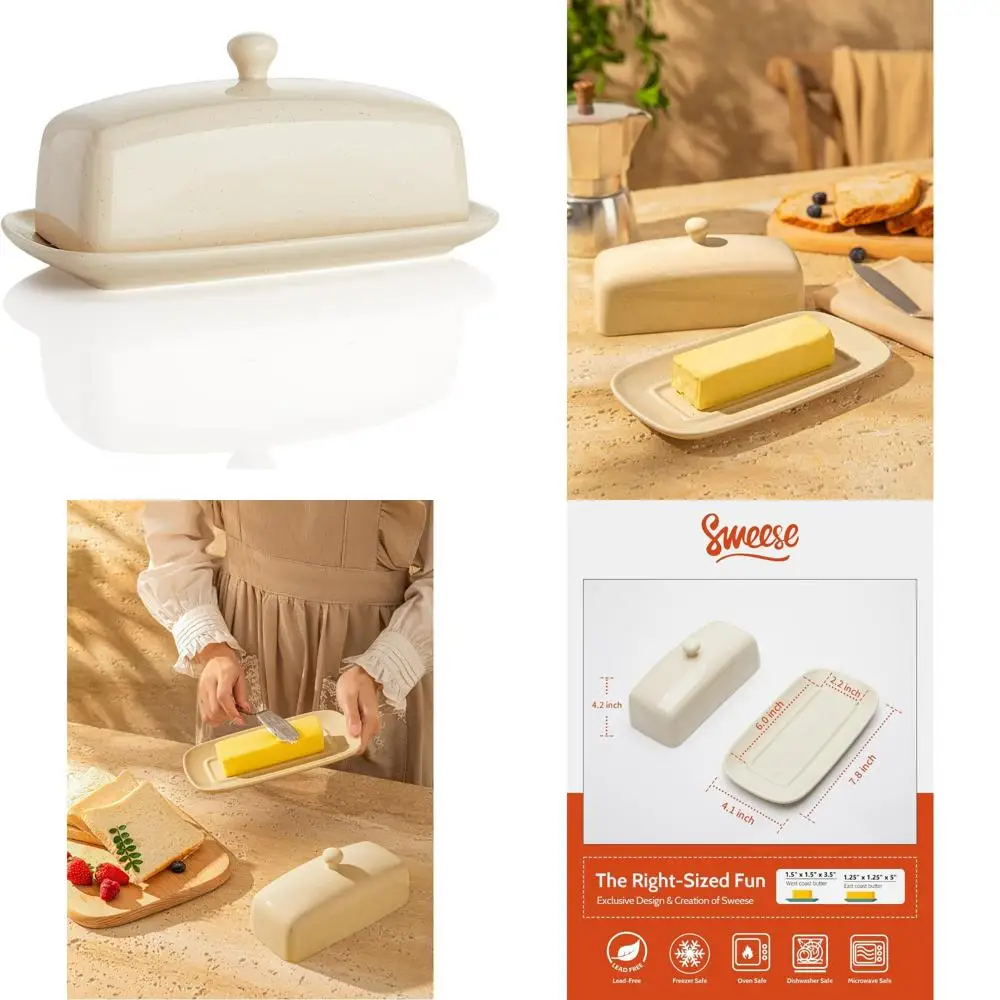 

butter dish with lid, porcelain butter keeper, 7.8 inch butter holder with handle cover, butter container perfect for east west