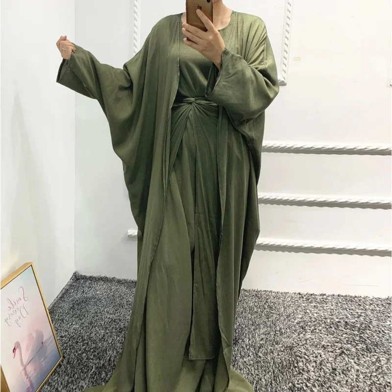 A 3 Piece Matching Set Women Muslim Linene Dubai Arabic Modest Outfit Plain Kimono Open Abaya Maxi Dress Wrap Front Skirt Long E