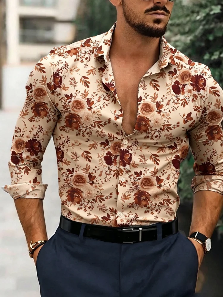 Rose flower print men's long sleeved shirt, lightweight, breathable, loose fitting shirt, European and American street vacation