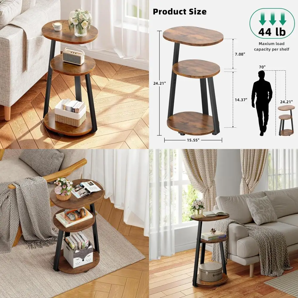 Side Table, Small End Table with Metal Frame, 3-Tier Bedside Tables, Round Side Tables for Living Room Bedroom Couch Bathroom, O