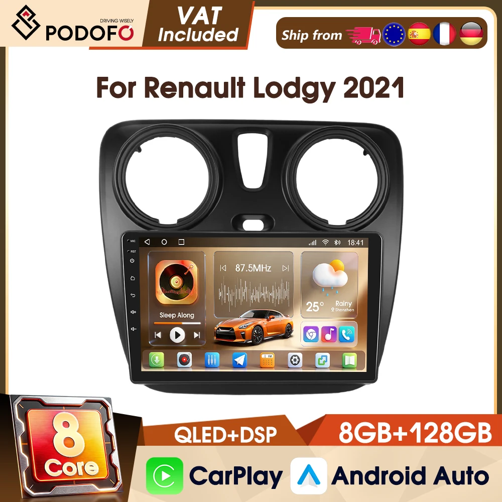 Autoradio Podofo Android 9" 2 Din con CarPlay Wireless per Renault Lodgy 2021/Dokker 2012-2020, Autoradio DAB CarPlay Android Auto 8 Core, Sistemi Intelligenti per Auto