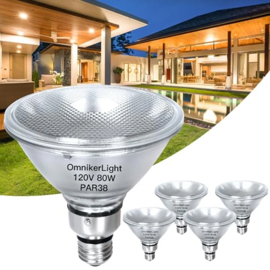 

PAR38 Flood Light Bulbs, 80W 120V Halogen Bulb Dimmable, E26 Base PAR38 Bulb 2700K Warm White for Indoor and Outdoor, High Brig
