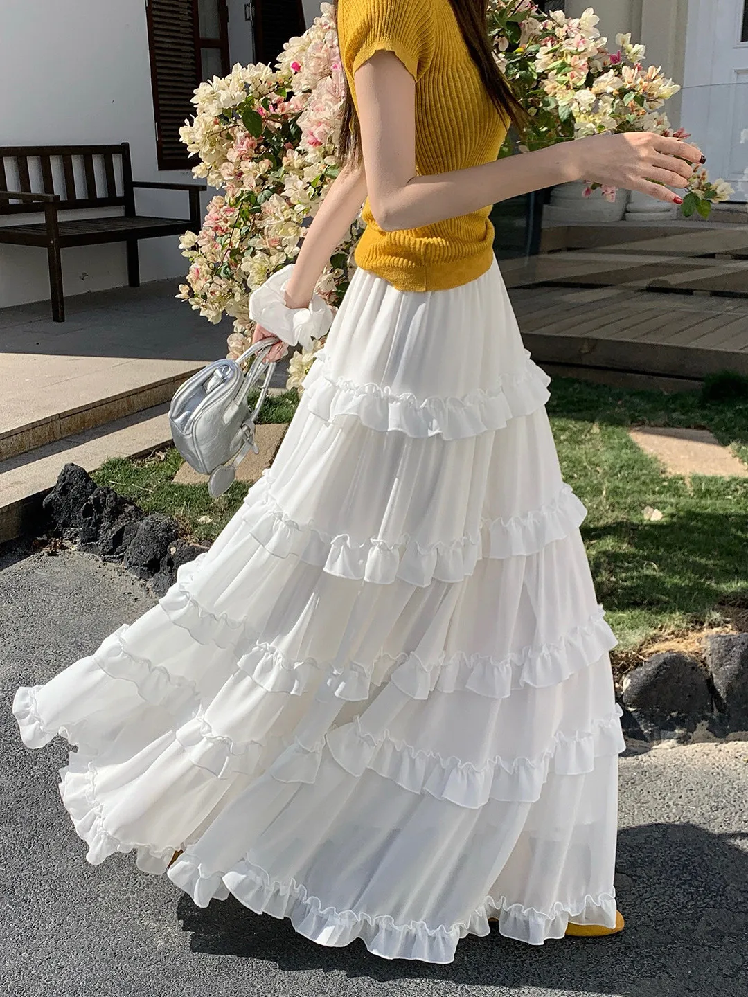 

Белая юбка-миди А-силуэта с кружевной отделкой, женская, с завышенной талией, облегающая, весна 2026, в корейском стиле, из полиэфирного волокна