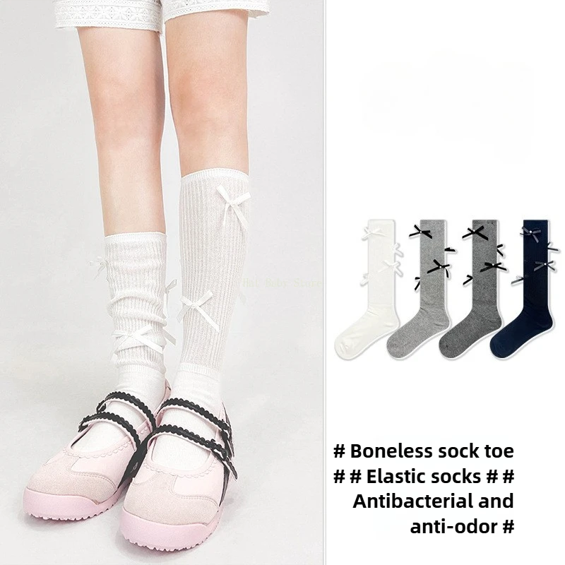 1 Pair Kawaii Ballet Style Lolita Long Socks Bandage Bowknot Thin Style JK Stockings Transparent Thigh Stockings for Women Girls