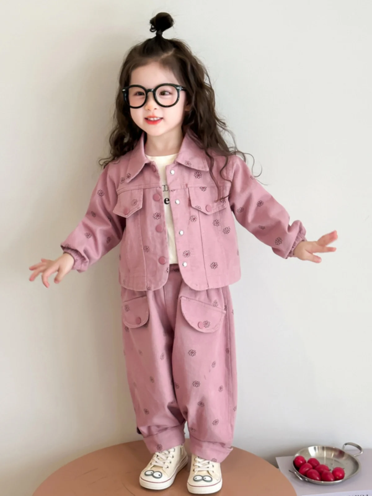 

Spring Collection Girls Floral Denim Set Long Sve Collar Jaet And Casual Work Pants Two Piece Suit Children's Clothing