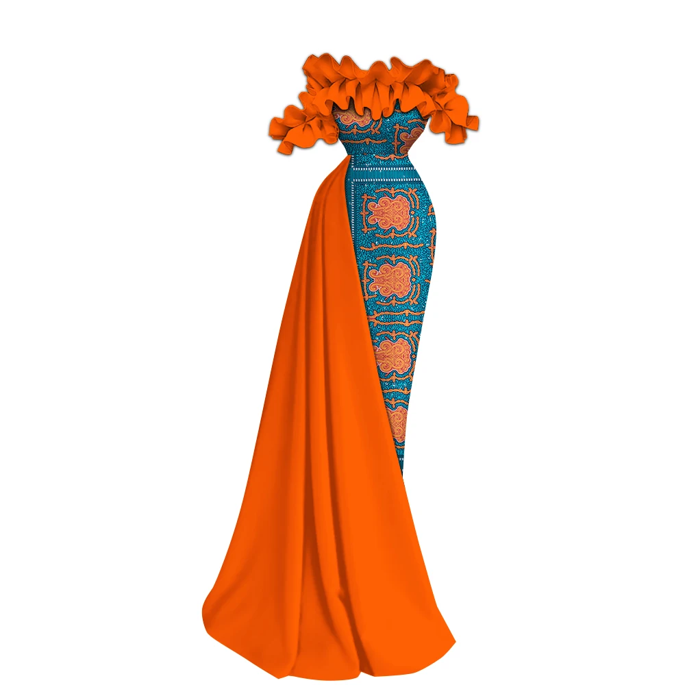 African Clothes Women Wedding One Word Collar Off Shoulder Dashiki Print Long Dresses for Elegant Lady Party Vestidos WY9818